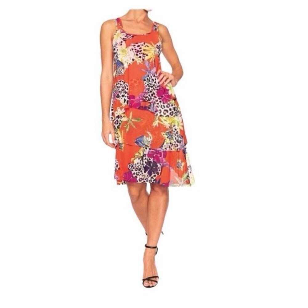 Elena Wang Mesh Tiered Sleeveless Jungle Print Whimsical Occasion Dress Size M